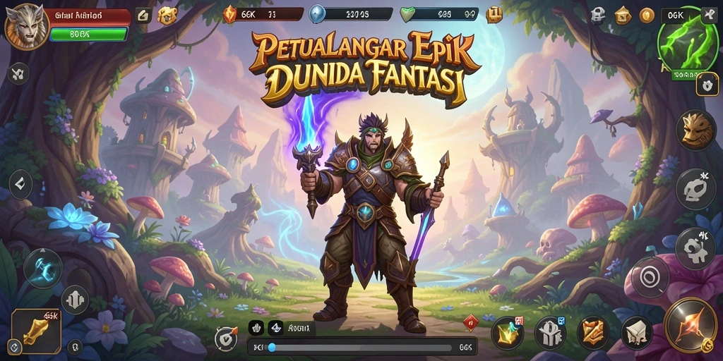 Screenshot gameplay dari 66K menampilkan pertarungan epik di dunia fantasi.