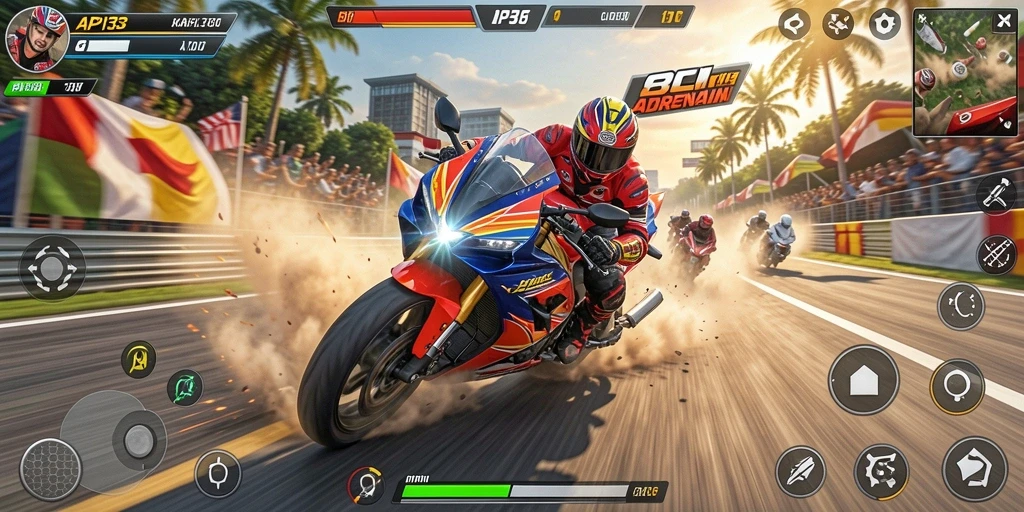 Screenshot menunjukkan aksi balapan motor yang mendebarkan di trek.
