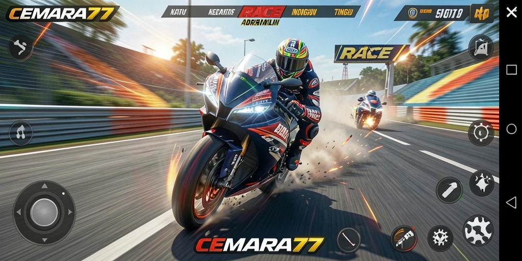 Tampilan screenshot CEMARA77 menampilkan aksi balap motor yang mendebarkan.