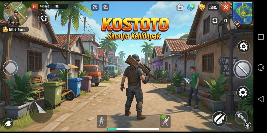 Tangkapan layar gameplay KOSTOTO yang menampilkan interaksi kehidupan sehari-hari.
