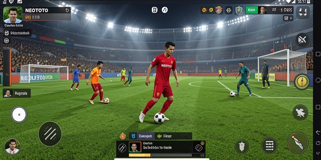 Screenshot gameplay NEOTOTO dengan aksi sepak bola yang intens.