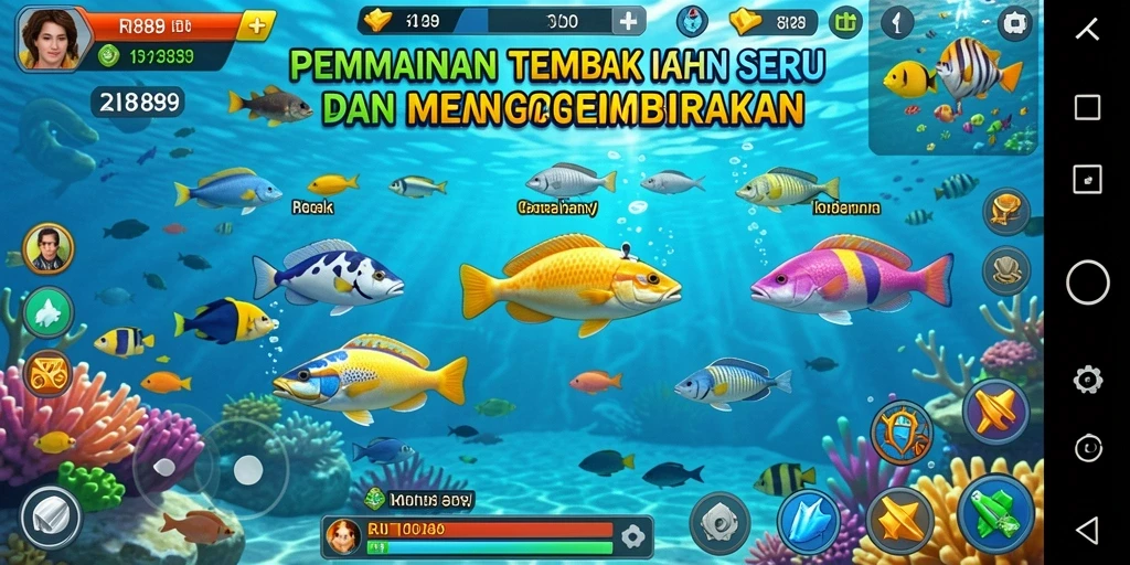 Screenshot menunjukkan aksi menembak ikan dengan grafis menarik.