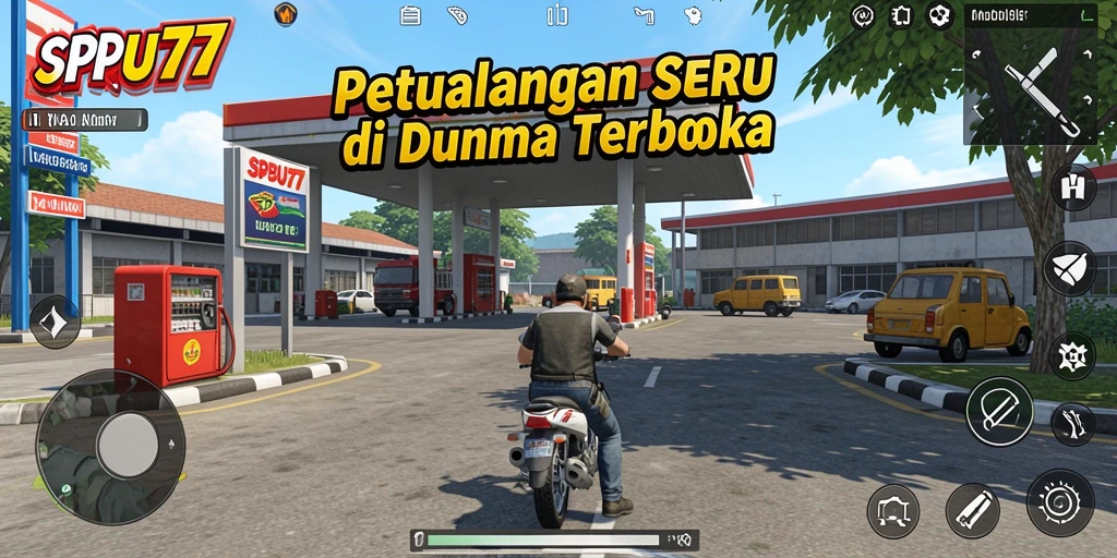 Tangkapan layar gameplay SPBU77 dengan penjelajahan dunia terbuka yang kaya.