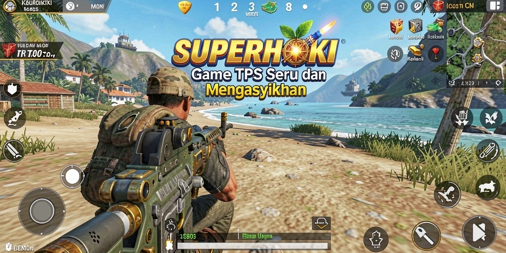 Tangkapan layar gameplay SUPERHOKI menampilkan aksi tembak-menembak yang intens.
