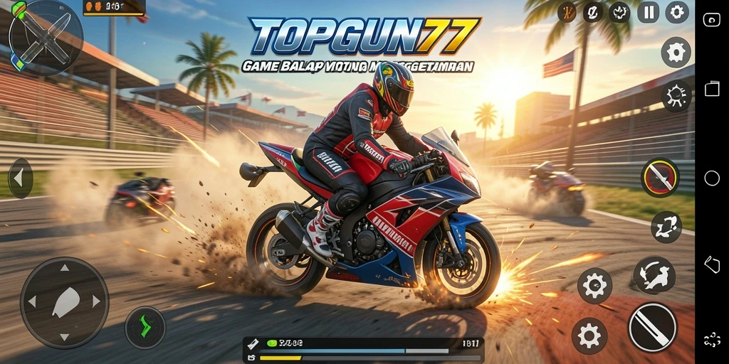 Screenshot gameplay dari game balap motor TOPGUN77 yang menegangkan.