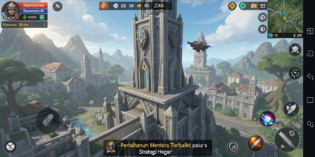 Screenshot gameplay ZK6 menunjukkan menara yang kuat menghadapi gelombang musuh.